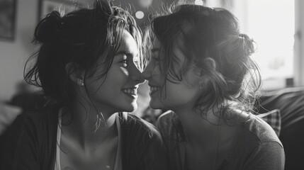 Black and white image of two women smiling face to face in a close embrace.