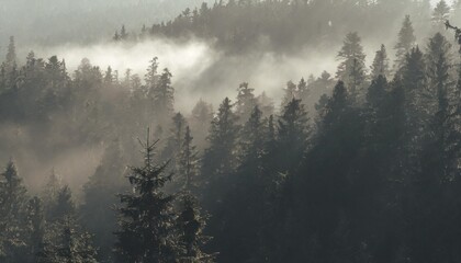 panoramic sunny spruce forest with with thick undergrowth and morning fog