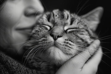 Black and white image of a happy cat with human.