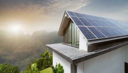 futuristic generic smart home with solar panels rooftop system for renewable energy concepts as wide banner with copyspace area - obrazy, fototapety, plakaty