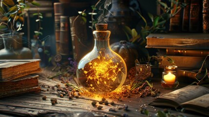  Glowing potion bottle amidst old books and candles. - obrazy, fototapety, plakaty