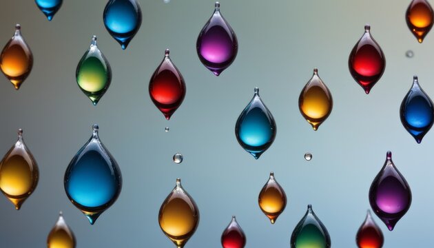 A captivating pattern of colorful water droplets suspended on glass, each reflecting light to reveal a spectrum of hues, perfect for abstract and texture-focused stock imagery.. AI Generation