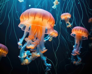 An AI illustration of jelly fish with many light colors are swimming in an aquarium