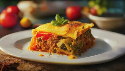 a piece of homemade vegetarian lasagne with soy meat and vegetables on white plate blurry kitchen background