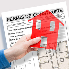 Building permit written in French - PERMIS DE CONSTRUIRE - Building activity and construction industry concept with home icon