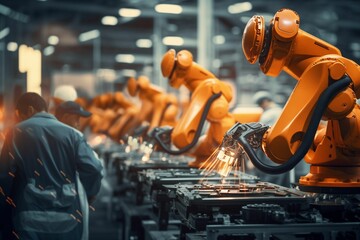 An AI illustration of robot welding machines in a factory, one of which is orange and white - obrazy, fototapety, plakaty