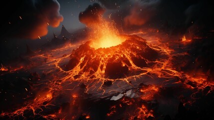 An AI illustration of a large volcano spews lava as the smoke and ash fill up the sky - obrazy, fototapety, plakaty