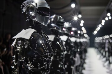 Fototapeta na wymiar Robotic mannequins adorned with fashion attire at a futuristic fashion show