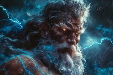 Zeus with glowing eyes during a storm and thunderstorm, close-up of his face. - obrazy, fototapety, plakaty