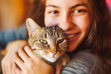 Portrait of Brunette Teen Smiling at Camera with a Cat at a Shelter