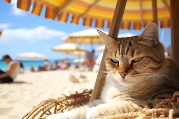 AI generated illustration of a cat relaxing under a beach umbrella on sandy shore