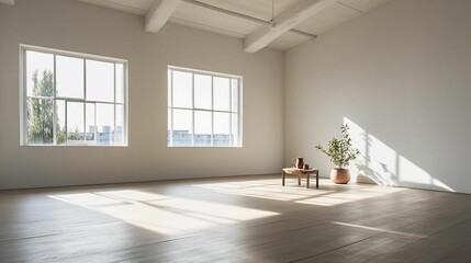 AI illustration of a spacious room illuminated by natural light streaming in from windows