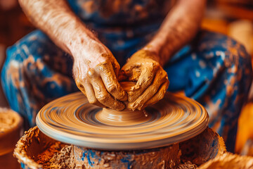 cropped image of male craftsman working on potters wheel at pottery studio