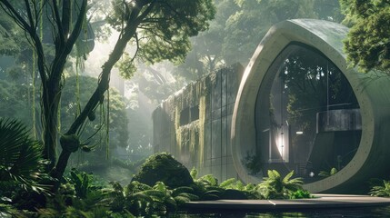An arcology nestled in a lush forest, seamlessly blending technology and nature to create a...