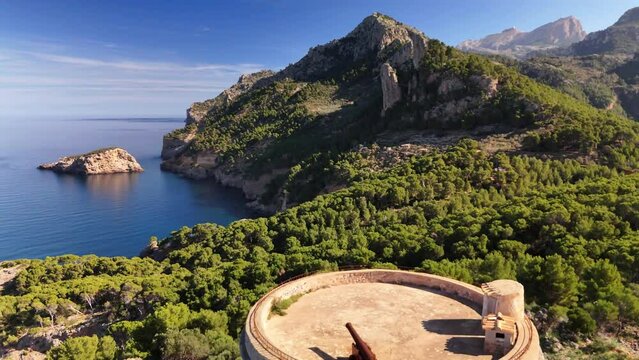 view of the sea from the mountain, drone. footage next to Port de Soller in Mallorca