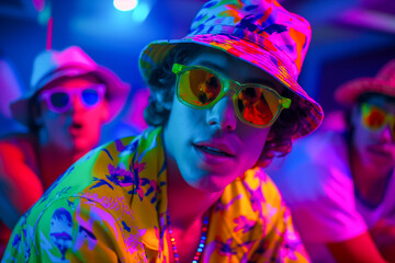 Fototapeta premium AI generated illustration of a young man in neon sunglasses and a hat surrounded by seated people