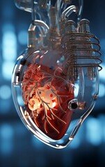 AI illustration of an artificial human heart in a glass shell