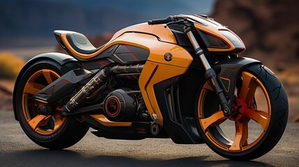 AI illustration of an orange and black motorcycle parked on a road
