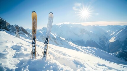 Winter activities concept: Pair of skis in snow with mountain backdrop. Sunny ski resort landscape, outdoor sports theme. Perfect day for skiing. AI