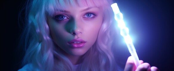 AI generated illustration of A young female with long blonde hair holding a glowing stick - obrazy, fototapety, plakaty