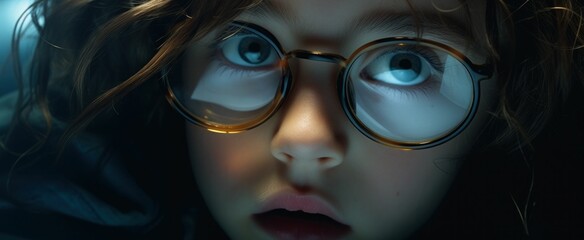 a child is seen in glasses and staring through her eyes - obrazy, fototapety, plakaty