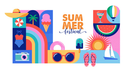 Colorful Geometric Summer and Travel Background, poster, banner. Summer time fun concept design promotion design and illustration