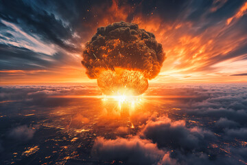Nuclear war - Massive vibrant orange mushroom cloud from an Atomic explosion