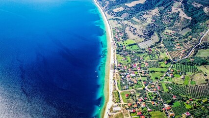 Aerial view of the Xiropotamo Beach And Village Beach, Sithonia, Halkidiki, Greece