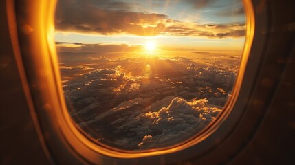 View of a sunset through an airplane window, clouds and sky.