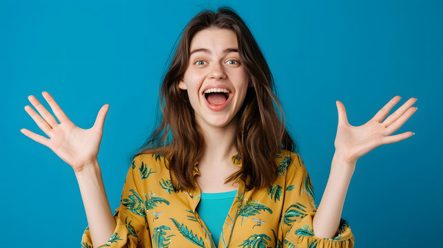 Photo of excited cheerful woman wear shirt smiling open mouth rising arms palms isolated blue color background