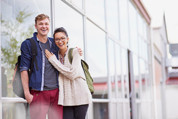 Portrait, hug and university with couple, campus and smile with education and students with...