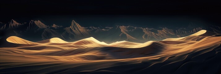 Nature photography of stunning desert dunes, perfect for travel and adventure themes, Hyper-realistic desert dunes with golden light on black background for compelling wallpapers.