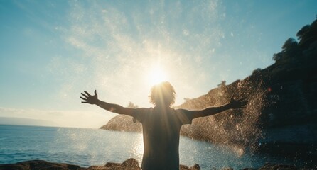 AI generated illustration of a young man stretching out the hands to the ocean against sunlight - obrazy, fototapety, plakaty