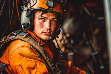 Portrait of courageous helicopter rescuer in orange rescue uniform