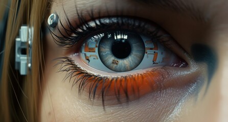 AI generated illustration of a female eye with intricate detail of an artificial implant