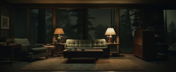 AI-generated illustration of a cozy living room with a sofa and two lamps