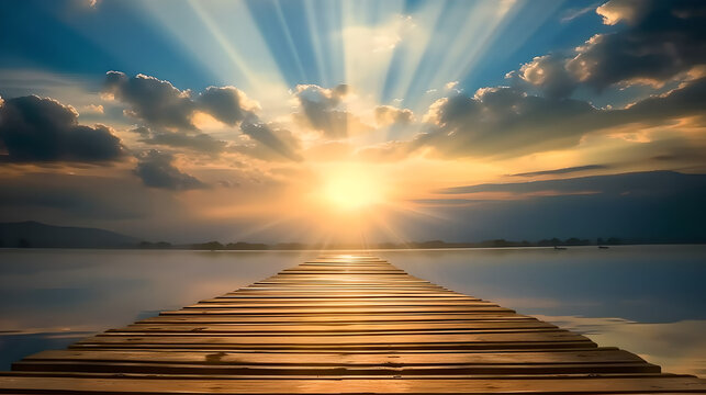 panoramic view of a wooden pontoon leading to a bright sun with light rays reflecting in clear water and piercing a cloudy sky , sunrise , landscape