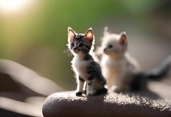 two small white and gray kittens sitting on a wooden surface - obrazy, fototapety, plakaty