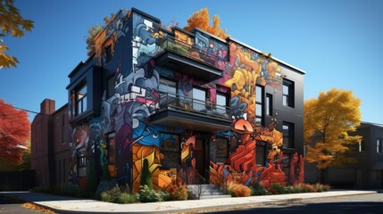 An AI illustration of a mural on the side of a building is painted in multiple colors