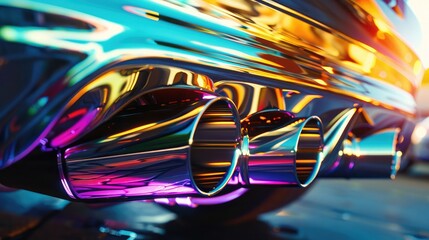 A vibrant rainbow-colored resonator exhaust system gleaming under the sunlight, adding a pop of color to the vehicle's undercarriage - obrazy, fototapety, plakaty