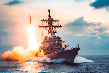 Fototapeta premium Speeding Navy Destroyer Class War Ship Launching a Missile