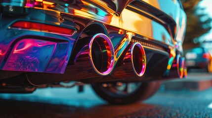A vibrant rainbow-colored resonator exhaust system gleaming under the sunlight, adding a pop of color to the vehicle's undercarriage - obrazy, fototapety, plakaty
