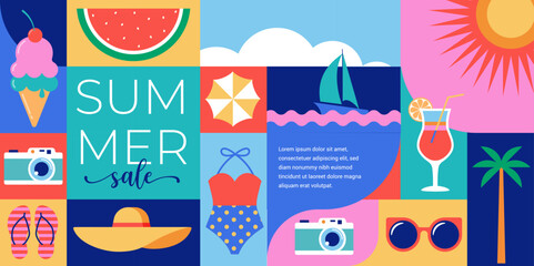 Colorful Geometric Summer and Travel Background, poster, banner. Summer time fun concept design promotion design and illustration - obrazy, fototapety, plakaty
