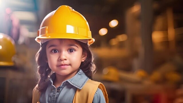 Girl kindergarten wearing yellow construction engineer helmet or safety hard hat in construction site	