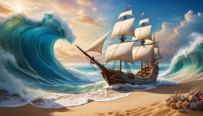 A majestic sailing ship approaches a towering tsunami wave, with details highlighting the dramatic confrontation at the sandy shore.. AI Generation - obrazy, fototapety, plakaty