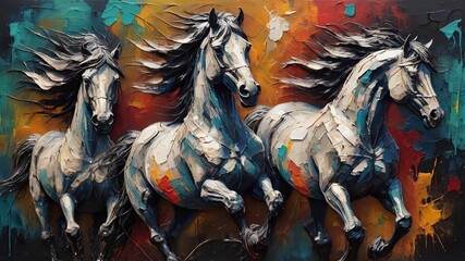 A painting of abstract oil. Art painting, gold, horse, canvas, wall art, modern artwork, paint spots, paint strokes, knife painting, large stroke painting, mural, black, white.Ai generative