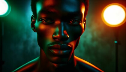 a black man in neon lights, in the dark with no light