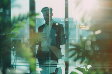 Blurry Image Businessman Using Tablets and Smartphone in Modern Office