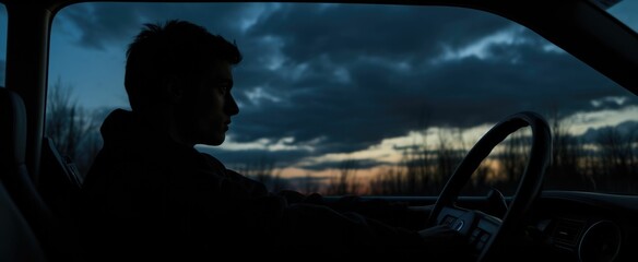 AI generated illustration of a young man sitting in a car at a cloudy sunset