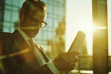 Blurry Image Businessman Using Tablets and Smartphone in Modern Office